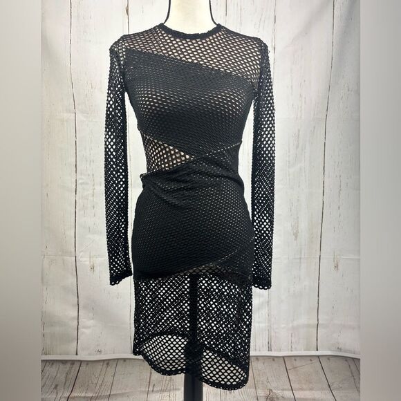 BCBGMAXAZRIA Asymmetrical Mesh Body-Con Dress Black Nude - Picture 11 of 11